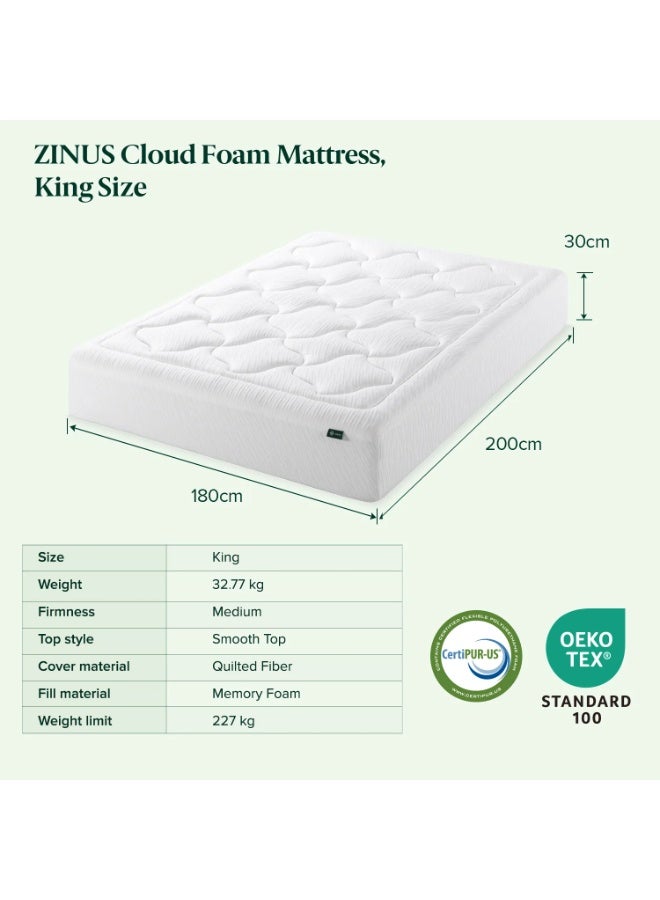 Zinus 30cm Cloud Memory Foam Mattress | King Size | Pressure Relieving Comfort | Fiberglass-Free | OEKO-TEX®| CertiPUR-US® Certified | Mattress in a Box | White | 200L×180W×30H CM | - Image 3